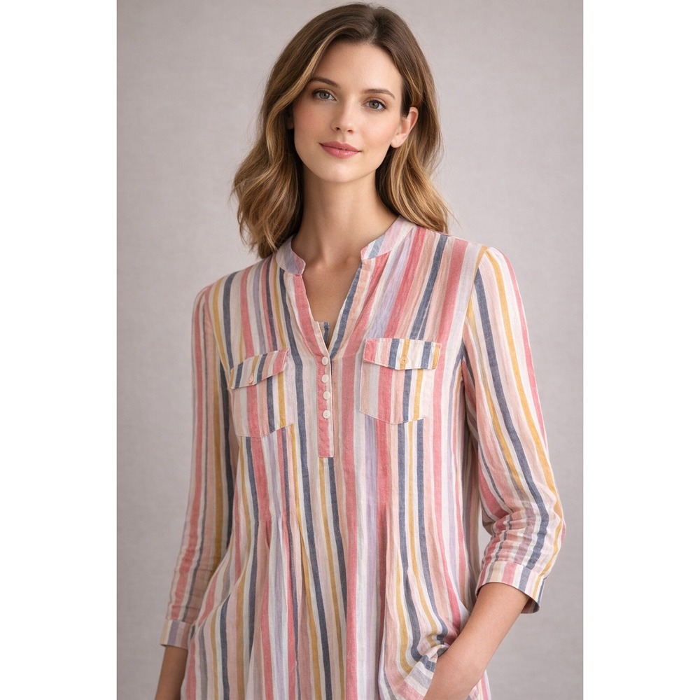 Zac & Rachel Blouse Womens Large Multicolor Striped Split Neck Roll‎ Tab Sleeve
